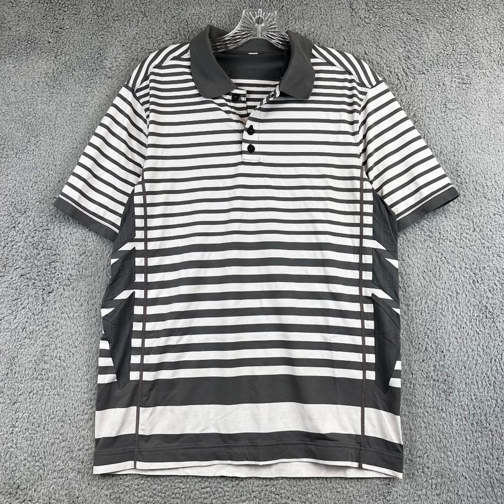 Lululemon Mens M Polo Shirt Short Sleeve Striped Gray